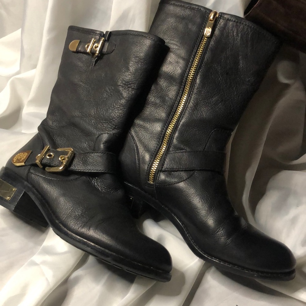 Vince Camuto Black In Gold Trim Moto Boots
